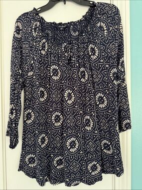 Lucky Brand Navy and White Mandala Peasant Tunic